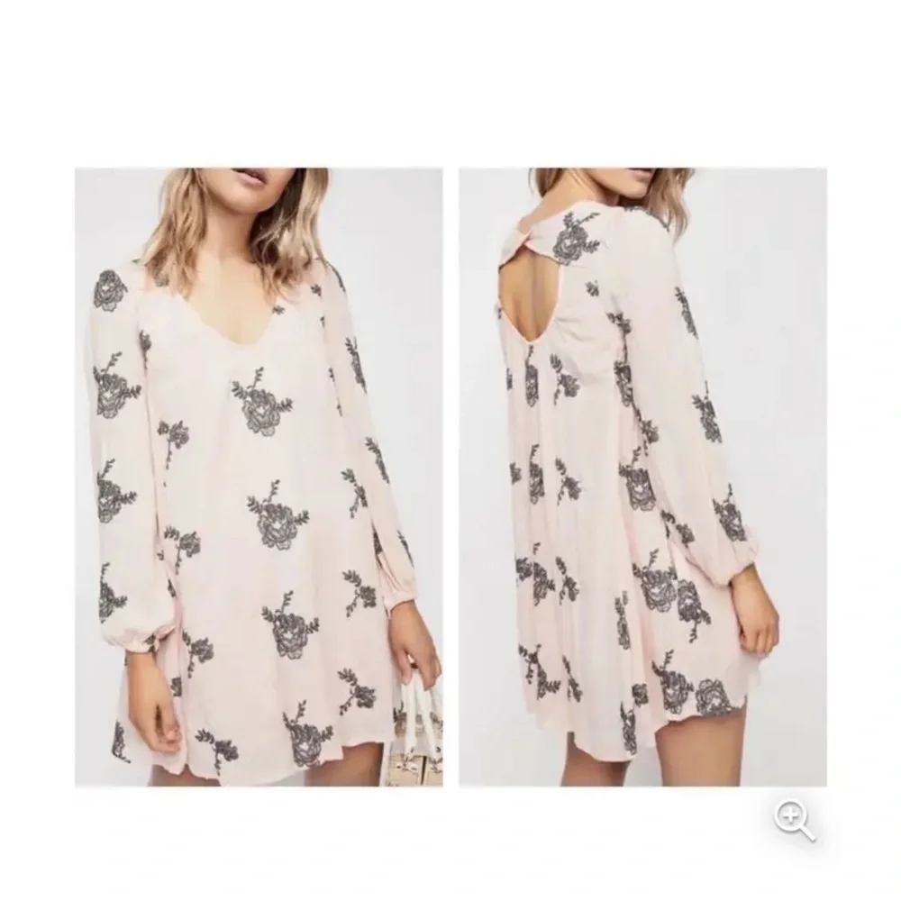 Free People Light Pink Emma Floral Embroidered Austin Boho Swing Dress small